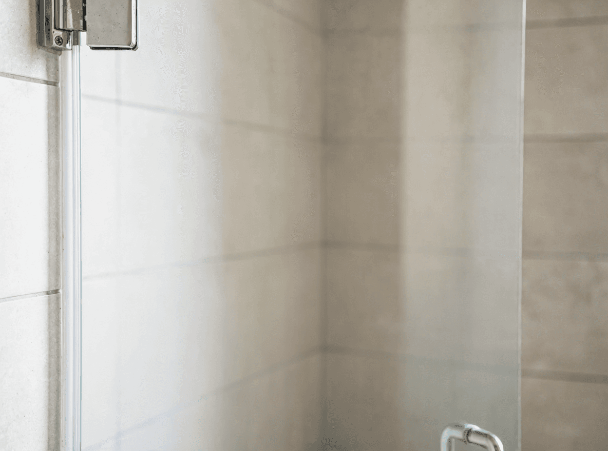The same glass shower door clear and spot-free after mineral stain removal