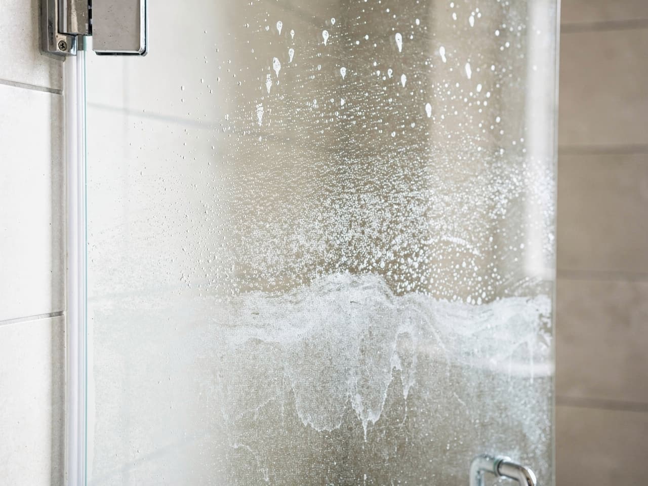 A glass shower door clouded with white hard-water and mineral staining